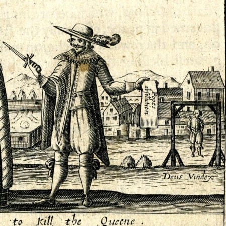 An image of a Catholic conspirator with a blade, about to kill Queen Elizabeth, and in the background, an image of him being executed.